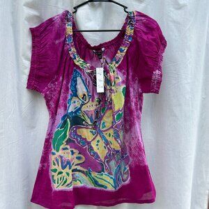 VINTAGE Chaudry KC Embellished Pink Butterfly Sheer Chiffon Top...NWT...